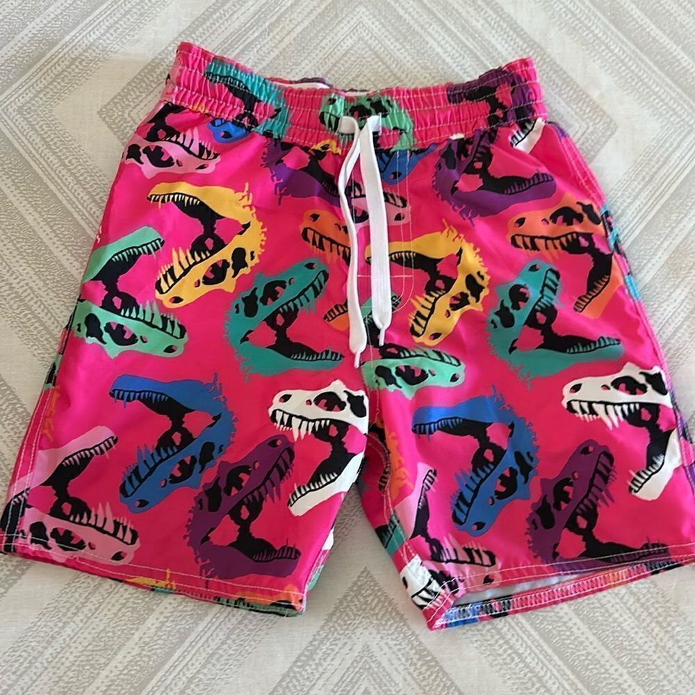 Wes and Welly Boys Pink Dinosaur Swim Trunks